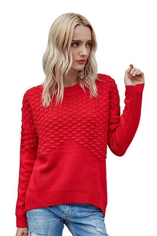 CWOSWL2710_ROUND NECK SOLID COLOR HOLLOW KNIT SWEATER
