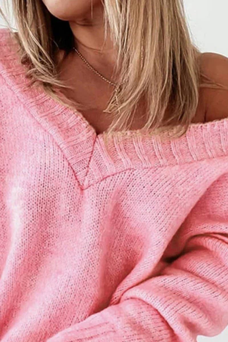 CWOSWL07057_SOLID COLOR V-NECK LOOSE OFF-SHOULDER SWEATER