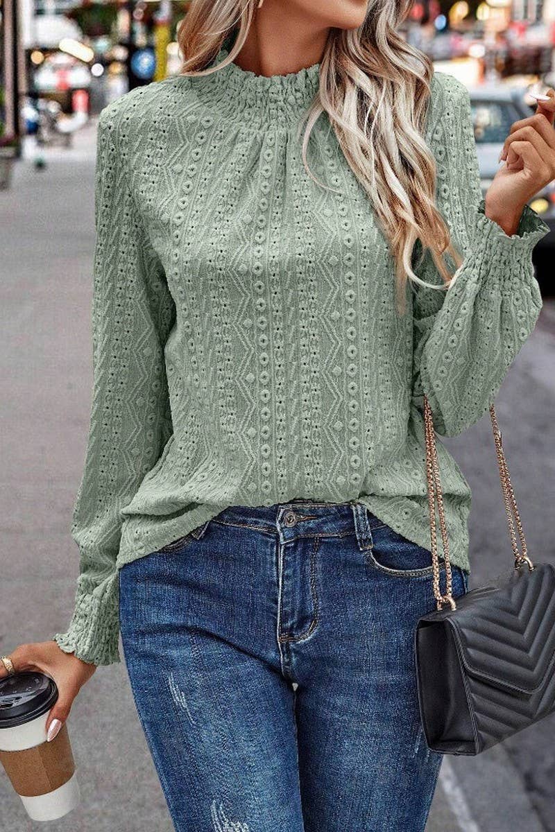 CWTBLL4008_JACQUARD RUCHED CREW NECK LONG SLEEVE TOP