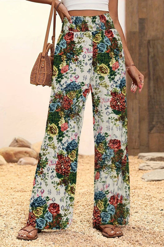 CWBLP2072_HIGH WAIST FLORAL FLARED DRAPED SUMMER PANTS