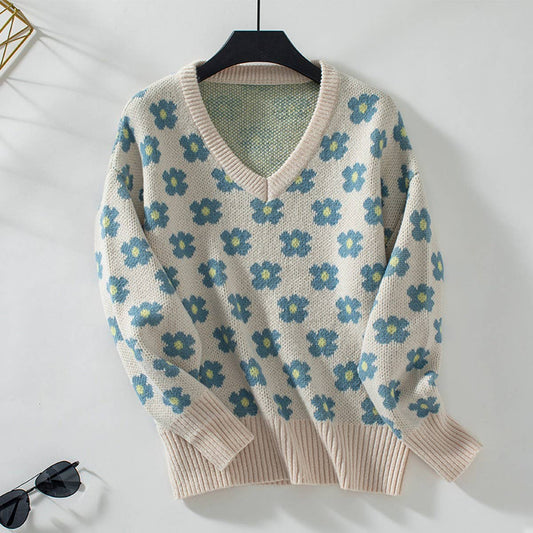 Floral jacquard V-neck pullover sweater
