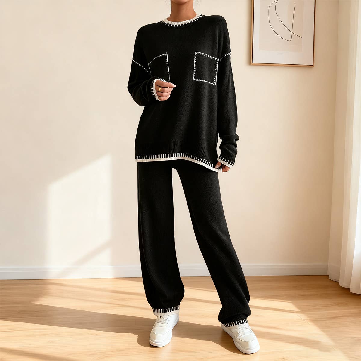Contrast color sweater trousers two - piece set
