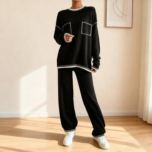 Contrast color sweater trousers two - piece set