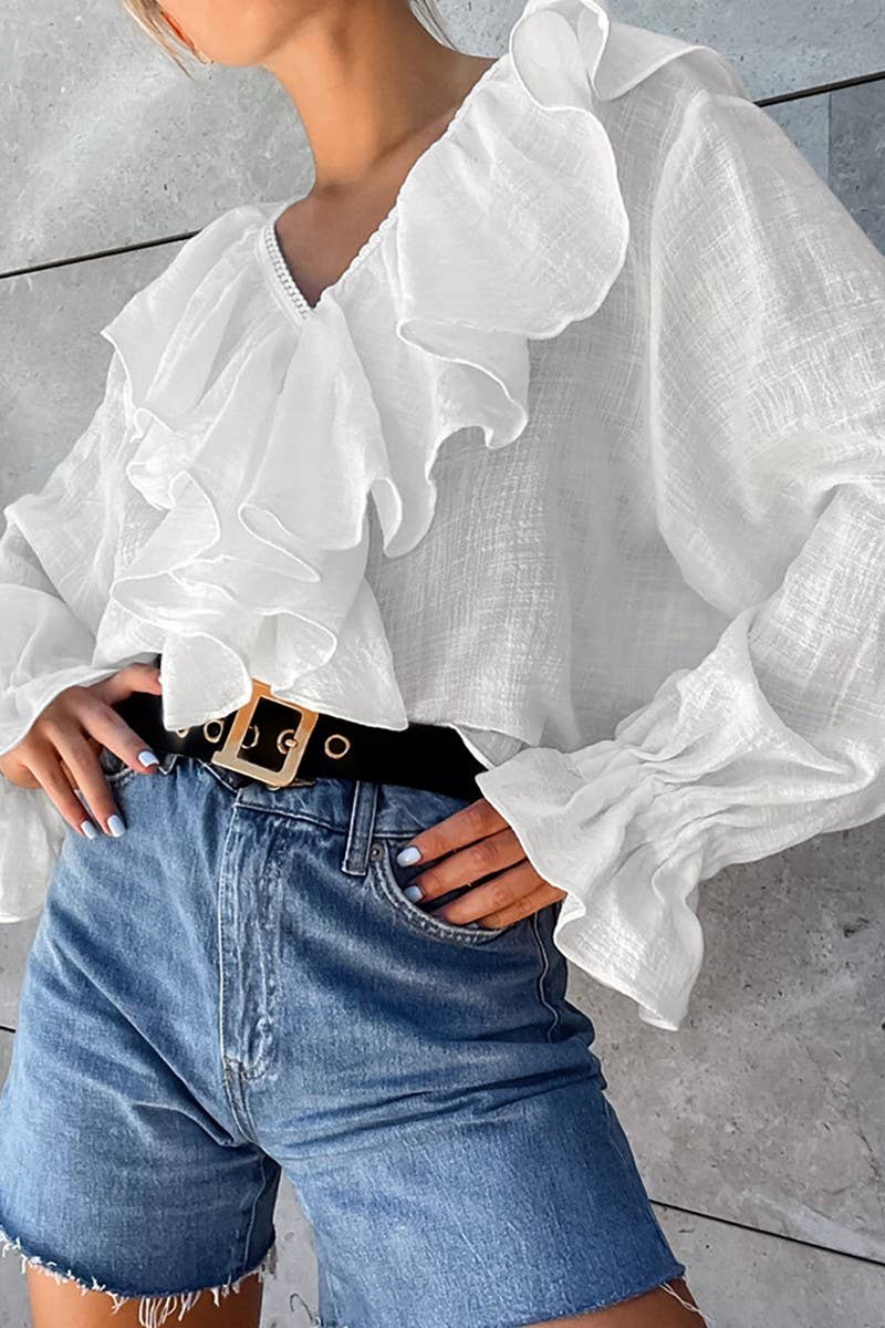 CWTBLL552_SOLID COLOR DROPPED SHOULDER SLEEVE LACE SHIRT