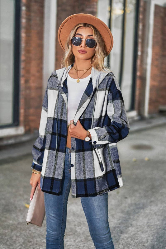 CWOCO1102_CASUAL LOOSE MID-LENGTH PLAID HOODED COAT