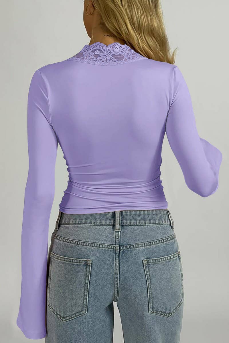 CWTBLL3700_V-NECK LACE STITCHING LONGSLEEVED BOTTOMING SHIRT