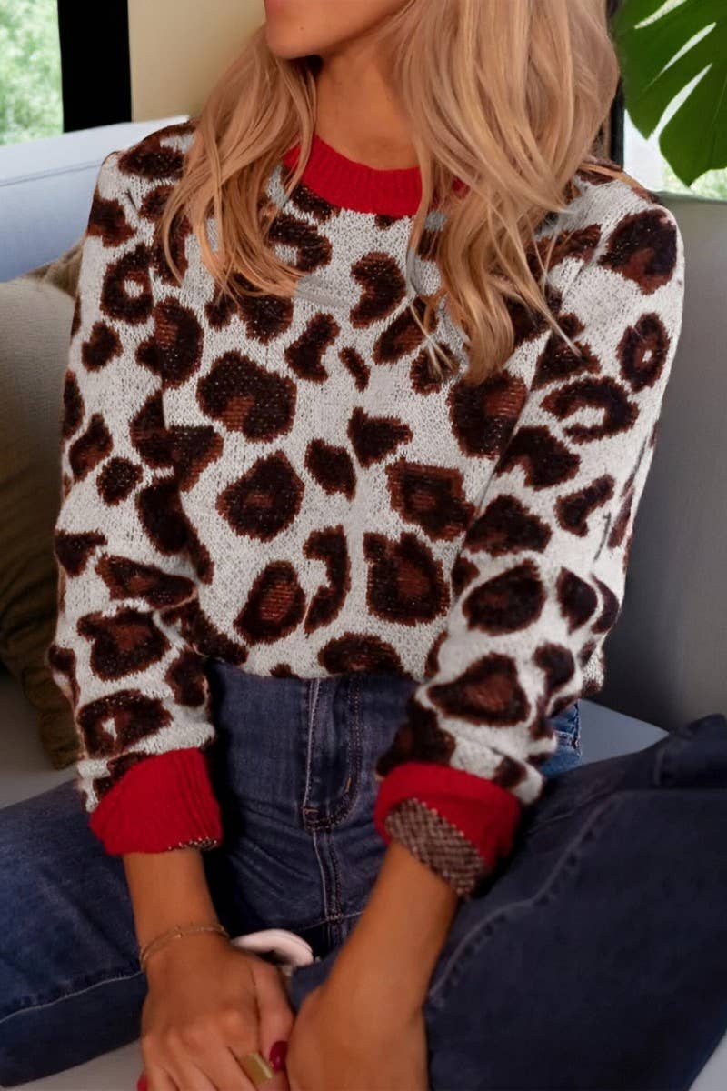 CWOSWL6962_COLORBLOCK LEOPARD JACQUARD LONG SLEEVE KNIT TOP