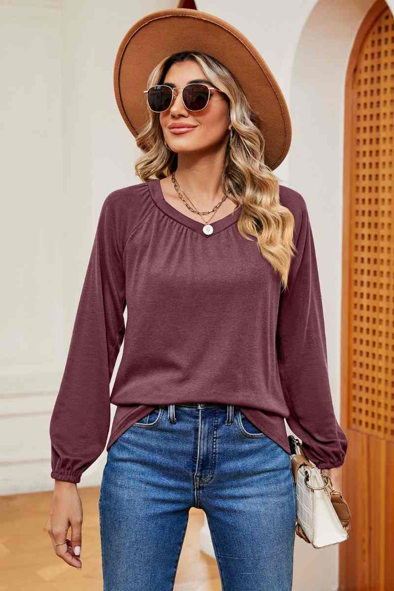 CWTBLL2840_CASUAL SOLID COLOR PLEATED LONG SLEEVE TOP