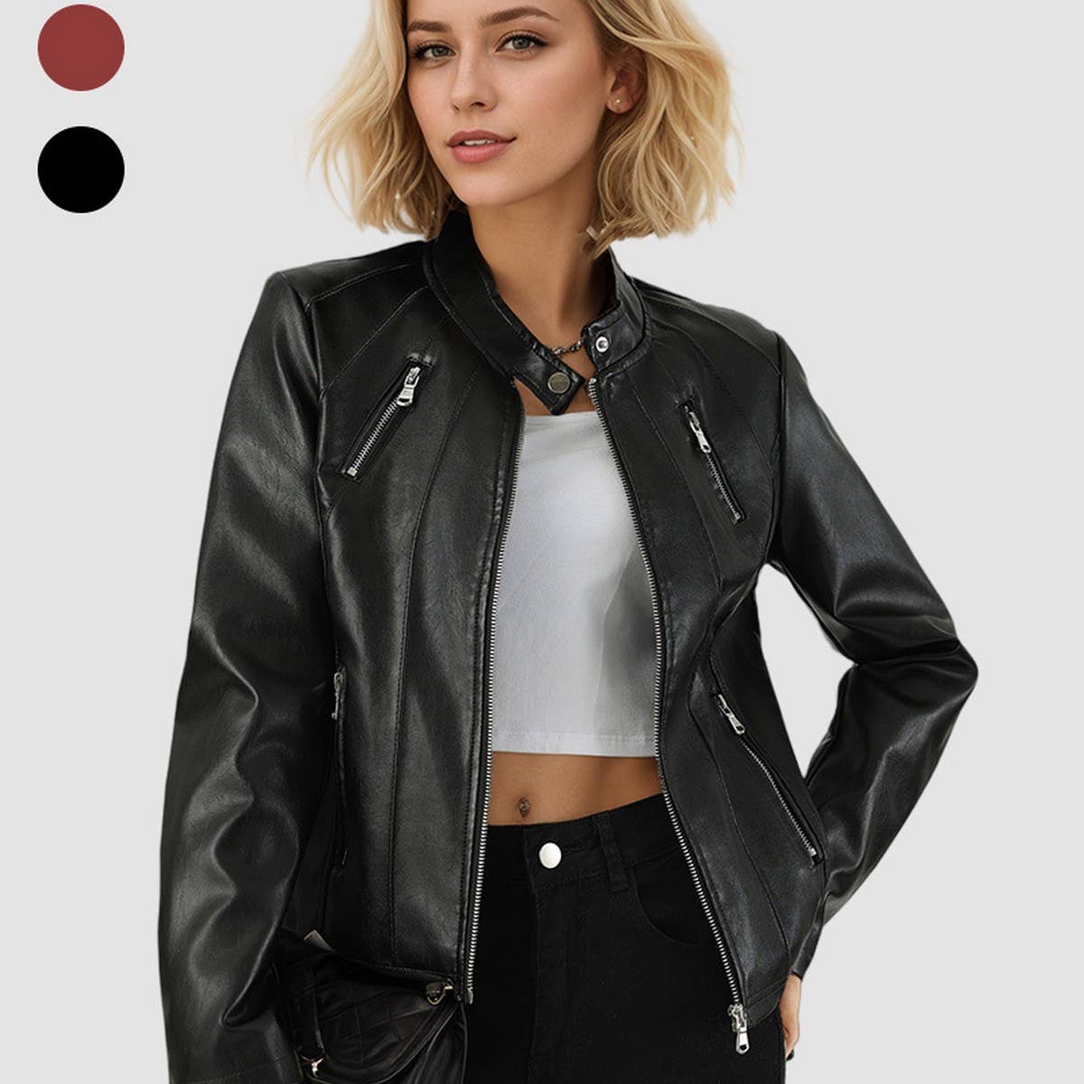 Slim Fit Stand Collar Faux Leather Jacket Women_CWMM9025