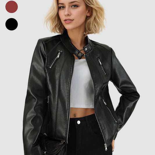 Slim Fit Stand Collar Faux Leather Jacket Women_CWMM9025