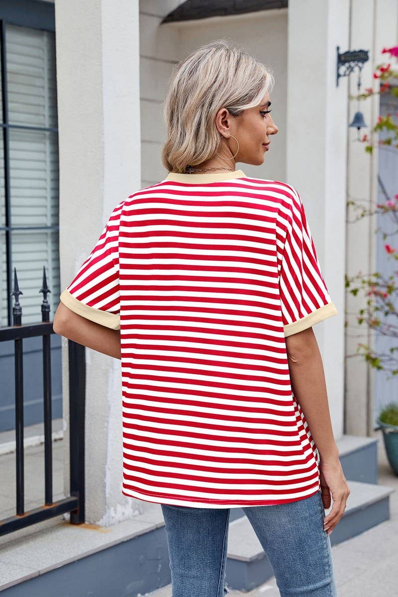 CWTTS1299_LOOSE STRIPED COLORBLOCK CREW NECK T-SHIRT TOP