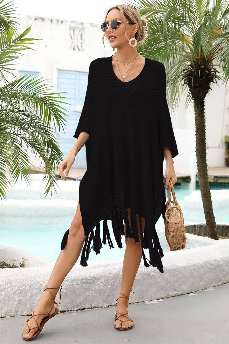 CWOSWS0029_ Long Slv V-Neck Pullover Fringe Tassel Sweater