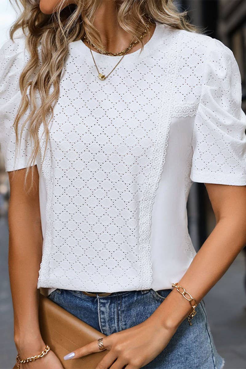 CWTBLS0681_WHITE CREW NECK PUFFY SLEEVE KNIT TOP