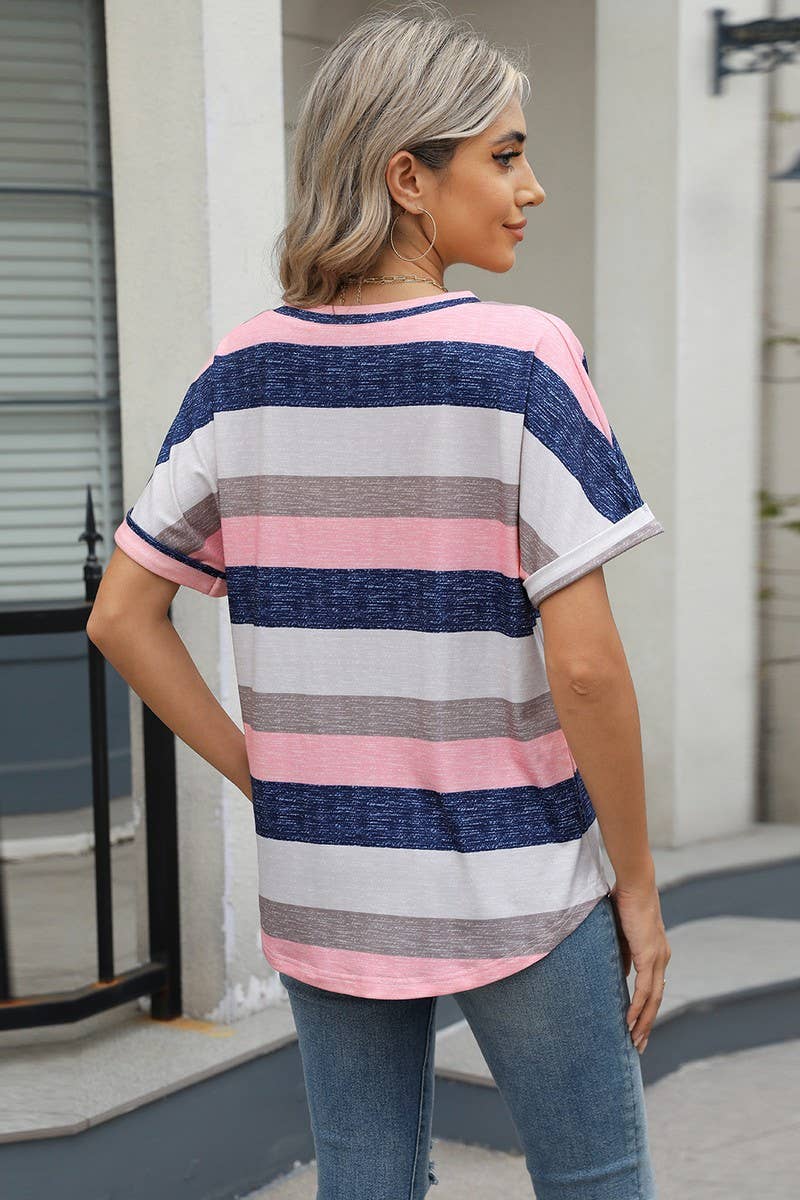 CWTBLS1703_V-NECK PRINTED STRIPED BAT SLEEVE T-SHIRT TOP