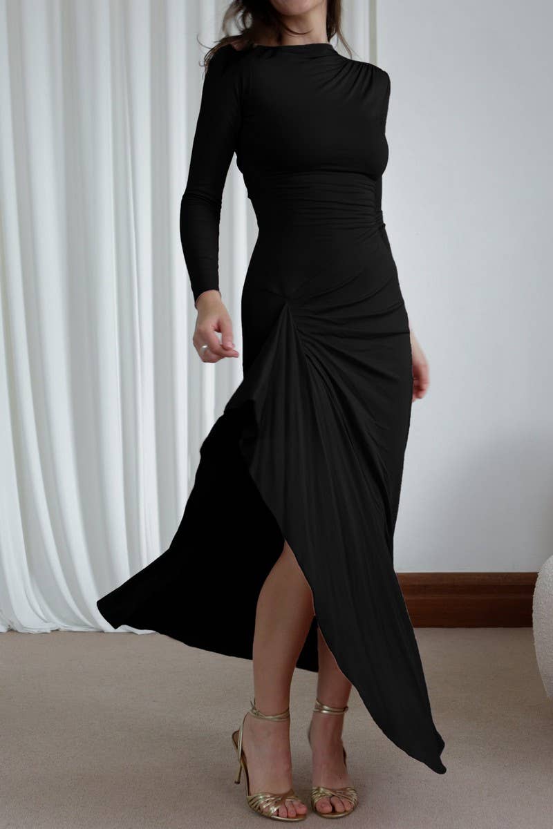 CWDMD01174_SOLID LONG SLEEVE SLIM FIT HIGH WAIST DRESS