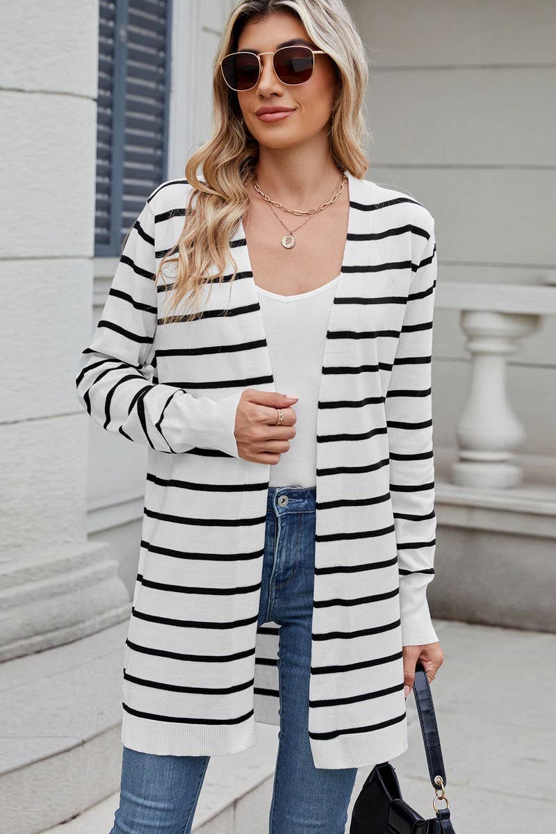 CWOCAL00840_CASUAL STRIPED MID-LENGTH KNIT CARDIGAN
