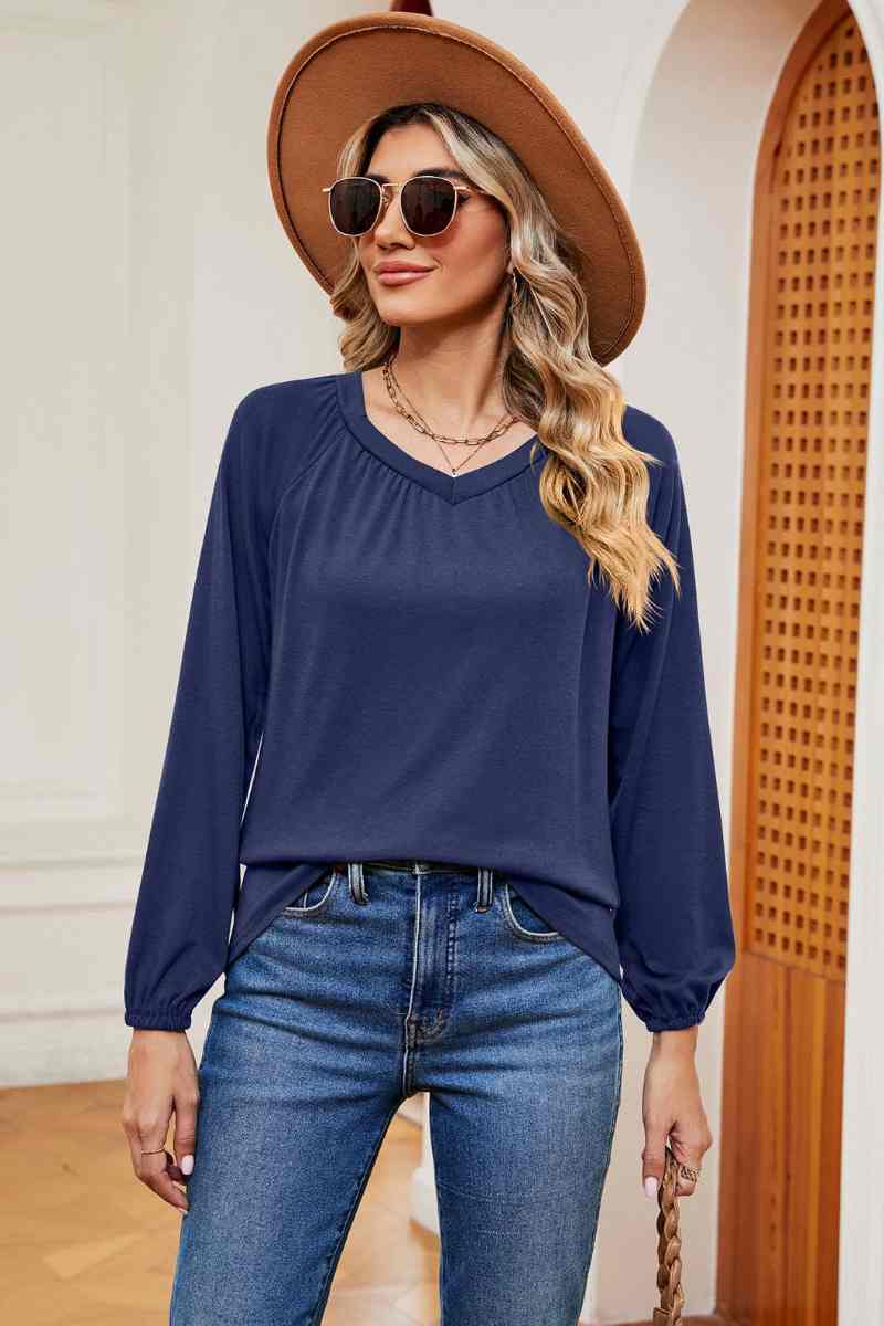 CWTBLL2840_CASUAL SOLID COLOR PLEATED LONG SLEEVE TOP