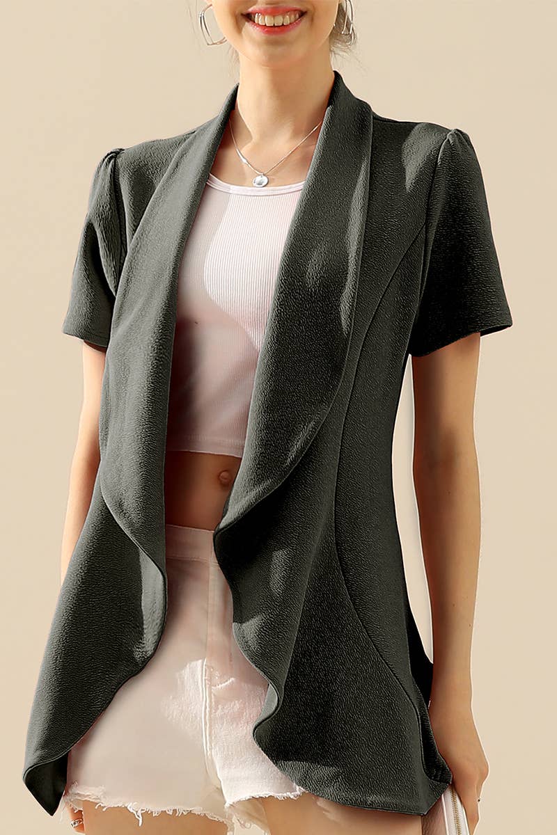 CWOBL095-P_Short Sleeve Open Front Draped Ruffles Blouses