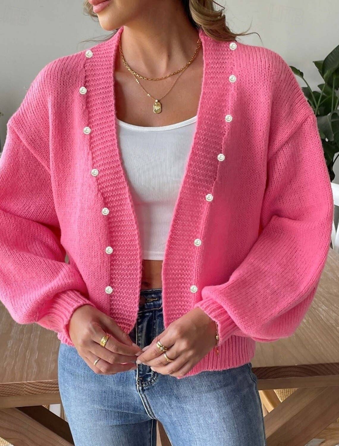 Beaded solid-color unbuttoned knitted cardigan