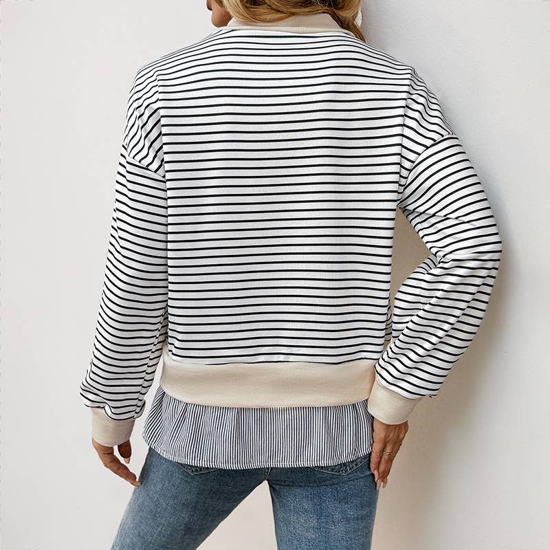 CREW-NECK STRIPED PATCHWORK FAKE TWO TOPS