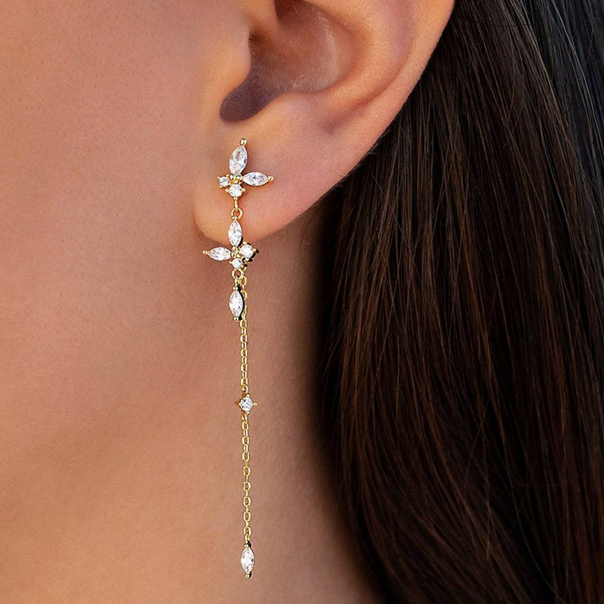 GEOMETRIC ZIRCON OCTAGONAL CHAIN EARRINGS