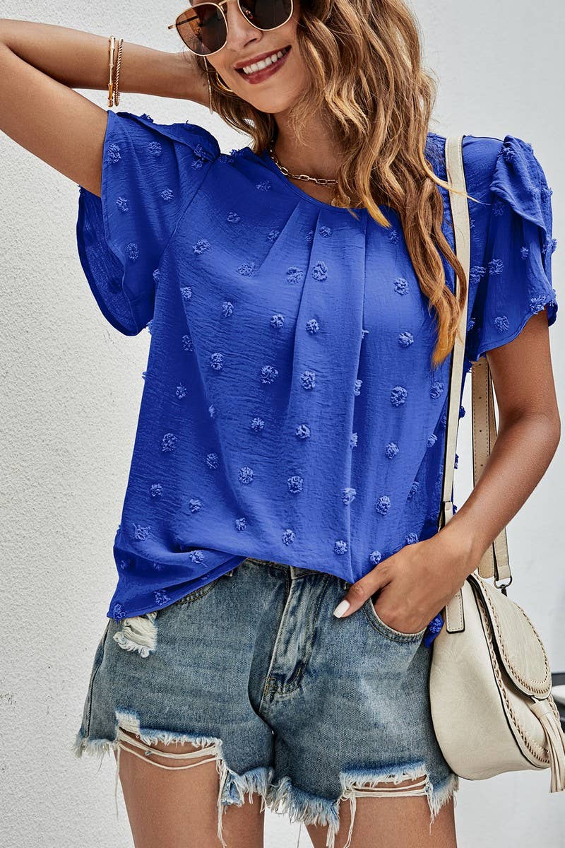 CWTBLS0342_Round neck Short Puff Sleeve Blouse