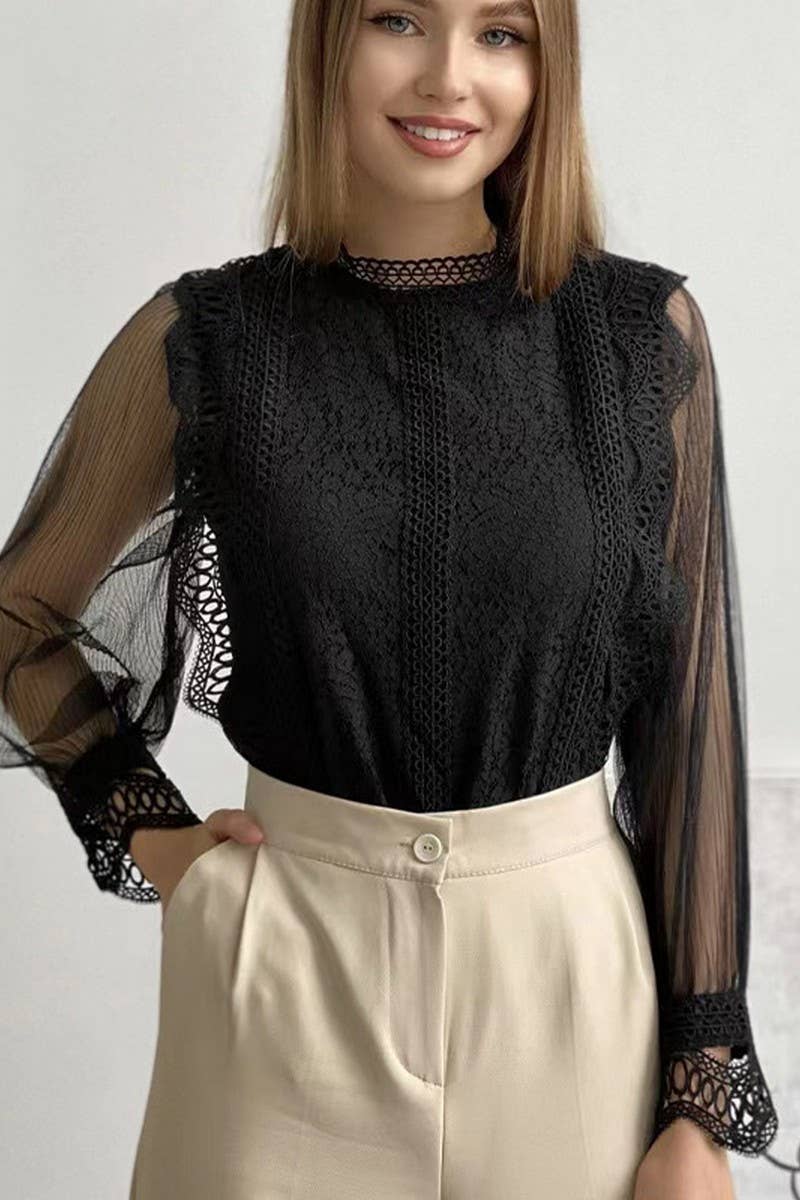 CWTBLL3857_SHEER MESH PUFF SLEEVE LACE BLOUSE