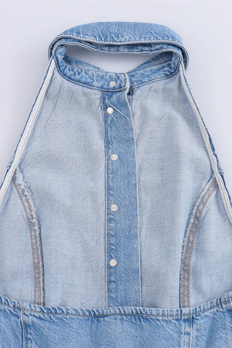 CWSJS1260_HALTER NECK LONG DENIM JUMPSUIT