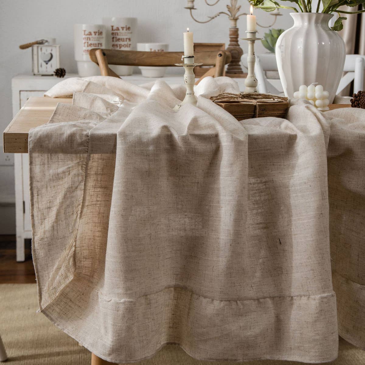 HOME PLAIN RUFFLED POLYESTER AND LINEN TABLECLOTH