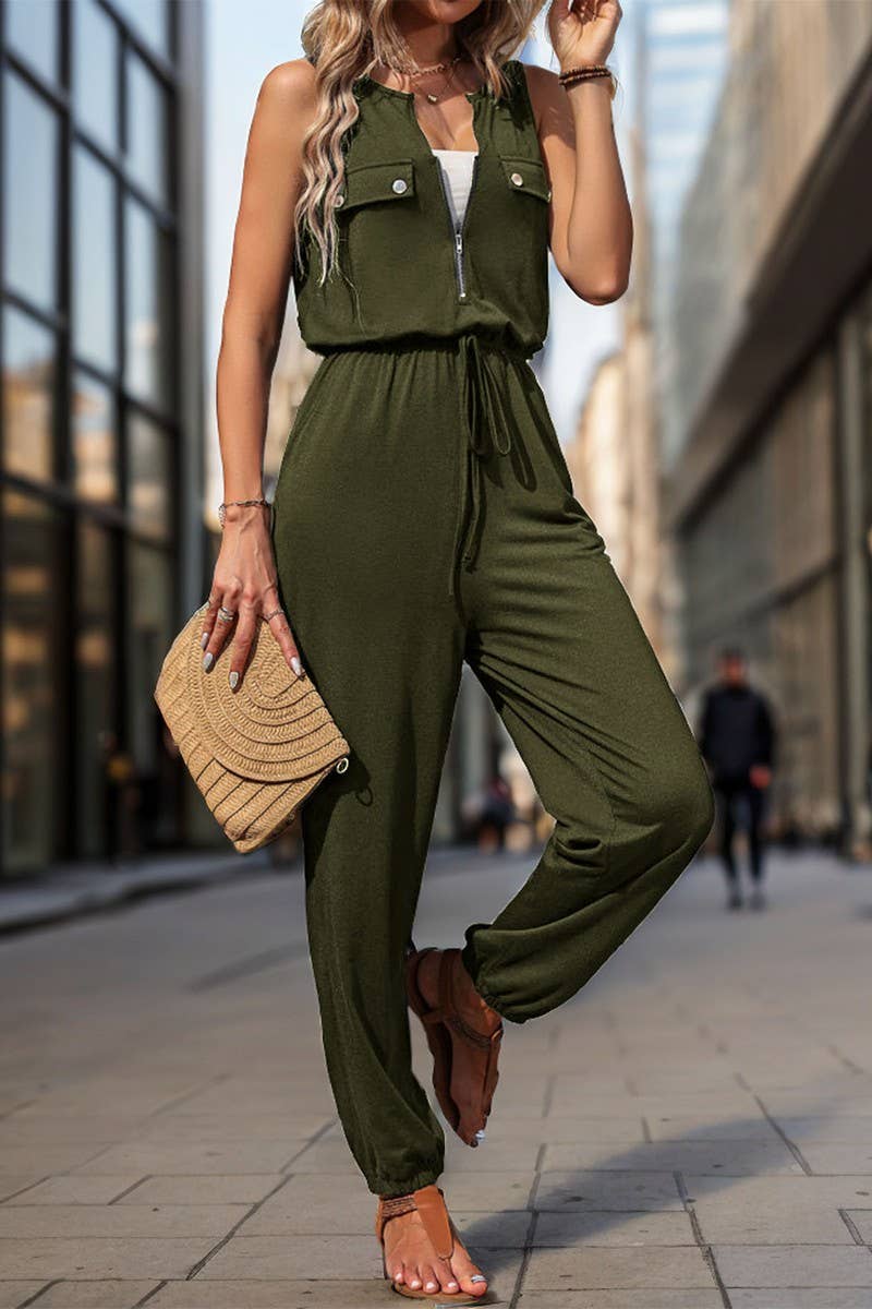 CWSJS1676_BLACK SLEEVELESS ZIPPER CREW NECK JUMPSUIT