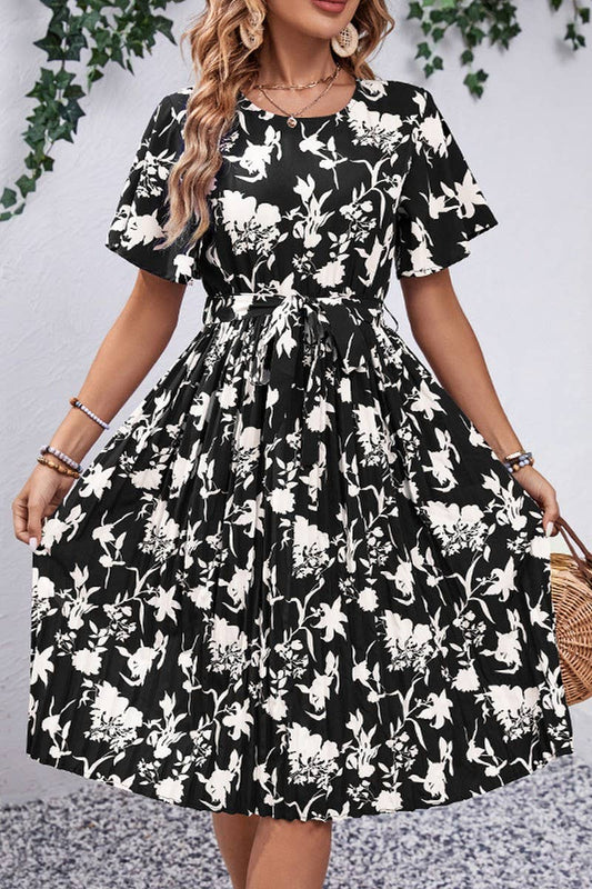 CWDSD2765_Round Neck Short Sleeve with belt Print Dress