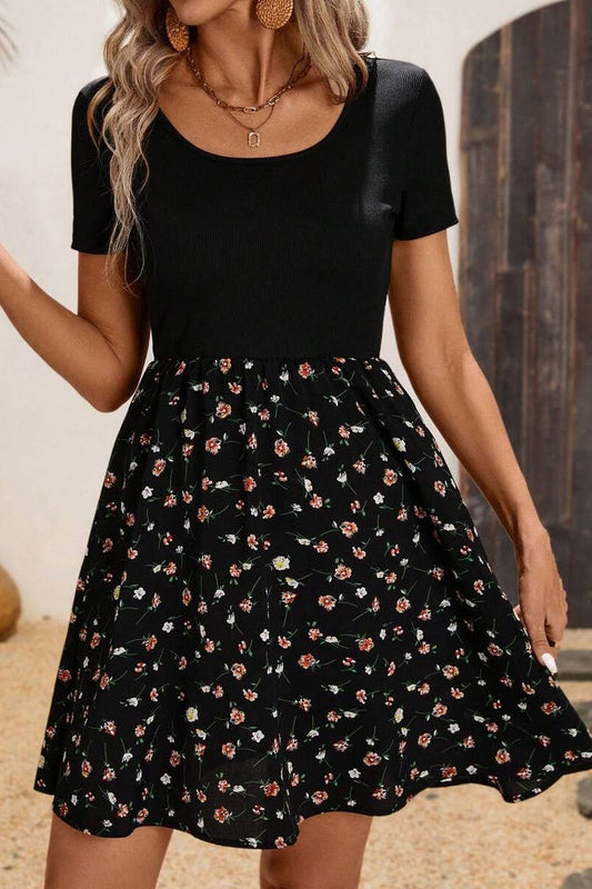 CWDSD10531_ROUND NECK PRINTED PATCHWORK DRESS