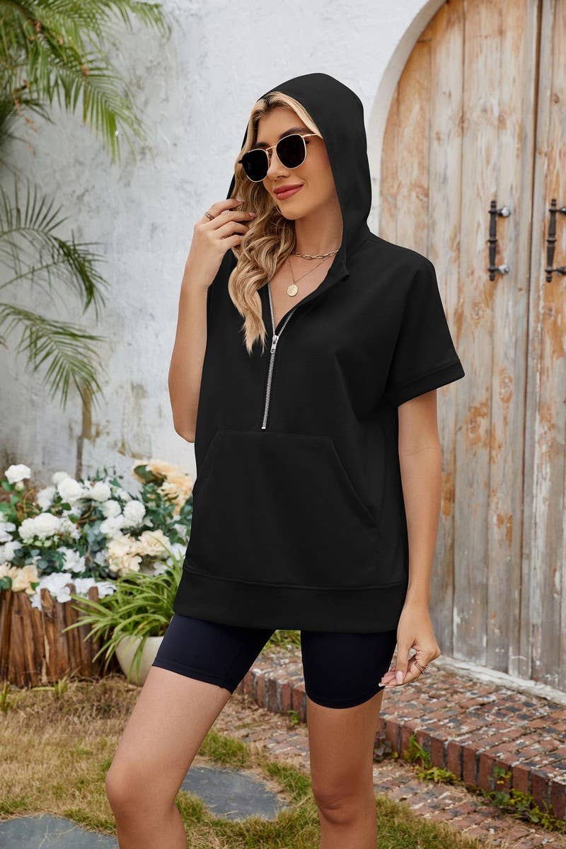 CWOHOS0018_LOOSE FIT ZIPPER SHORT SLEEVE HOODED SWEATSHIRT