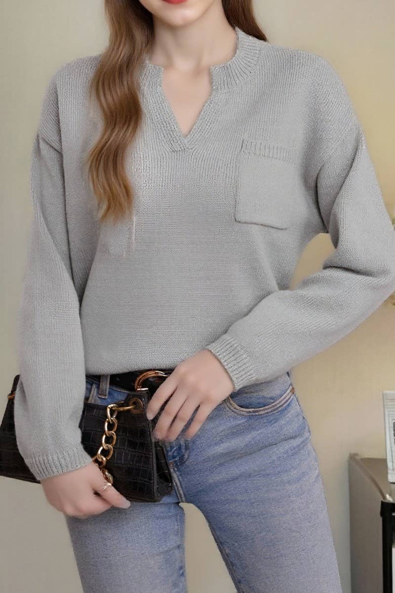 CWOSWL6942_SOLID POCKET LOOSE FIT V-NECK KNIT SWEATER