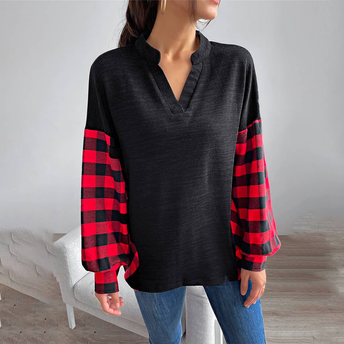 Classic casual patchwork plaid long-sleeved top
