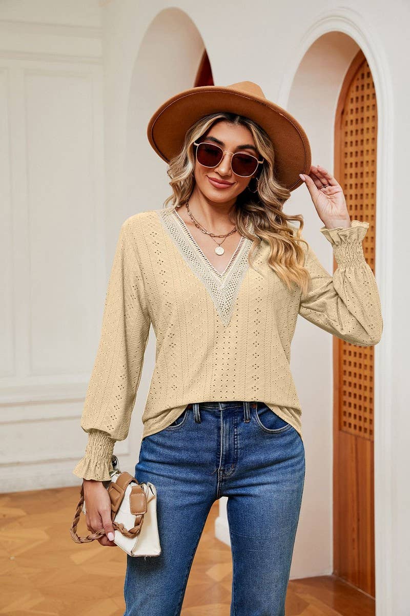 CWTBLL2389_V-NECK LACE STITCHING LONG-SLEEVED PULLOVER