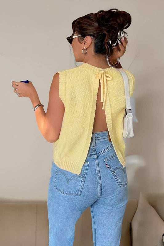 CWOV0793_CREW NECK KNIT OPEN BACK TIE VEST TOP