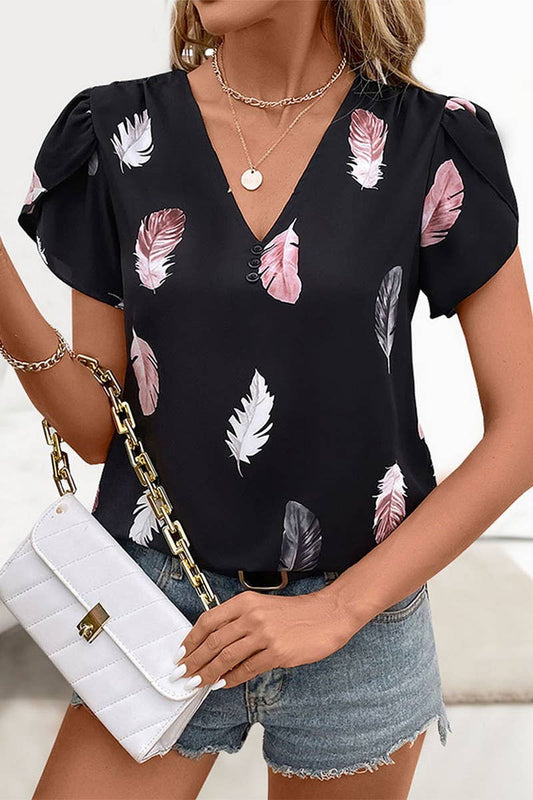 CWTBLS0969_V-NECK FEATHER PRINT SHIRT