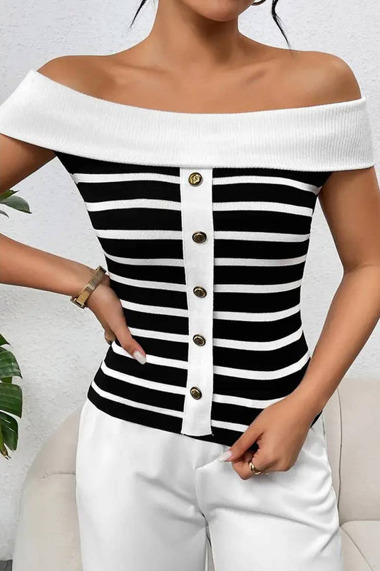 CWTTS1306_FASHION STRIPED OFF-SHOULDER BOAT NECK SWEATER