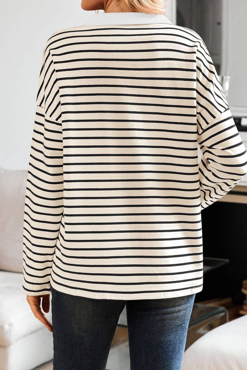 CWTBLL3674_STRIPED V-NECK LOOSE LAPEL SWEATSHIRT TOP