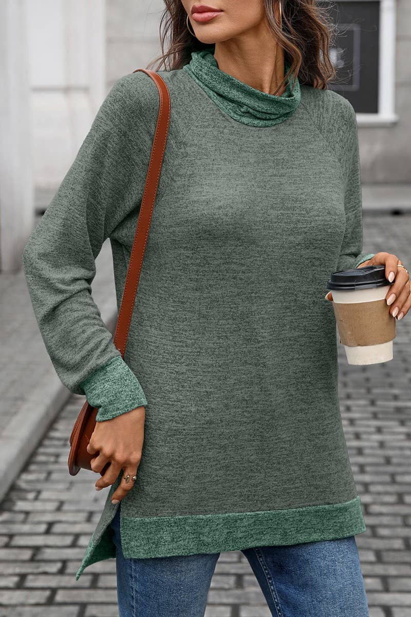 CWTBLL01308_COLORBLOCK SCARF NECK LONG SLEEVE CASUAL TOP