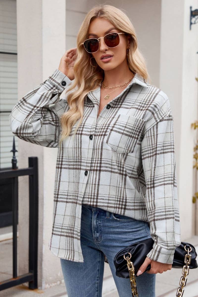 CWTSTL1719_AUTUMN PLAID FLANNEL LONG-SLEEVED WOOLEN SHIRT