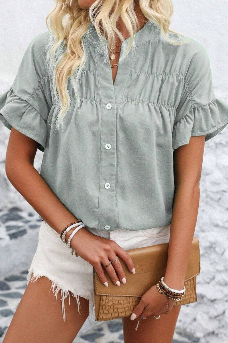 CWTSTS0679_SOLID COLOR STAND COLLAR CASUAL SHORT SLEEVE SHIR