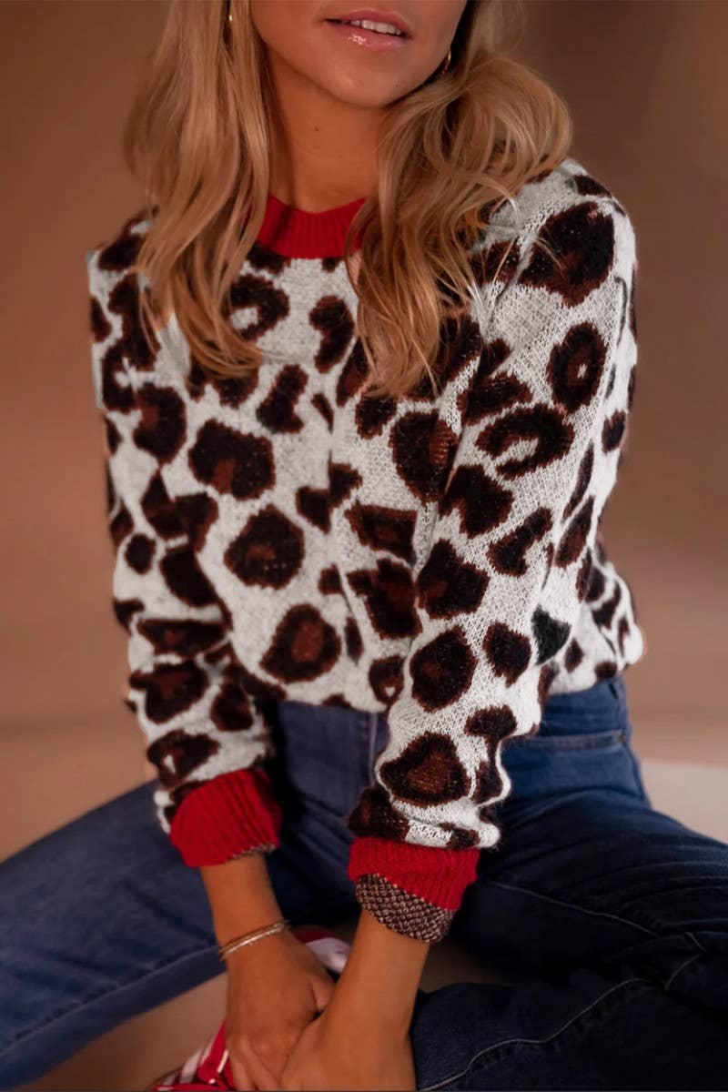 CWOSWL6962_COLORBLOCK LEOPARD JACQUARD LONG SLEEVE KNIT TOP