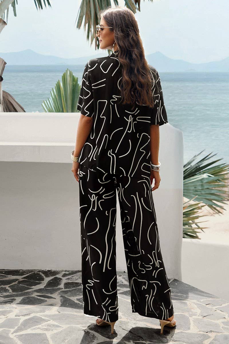 CWSTB0340_Button Down Long Slv Print V-Neck Long Pants Set