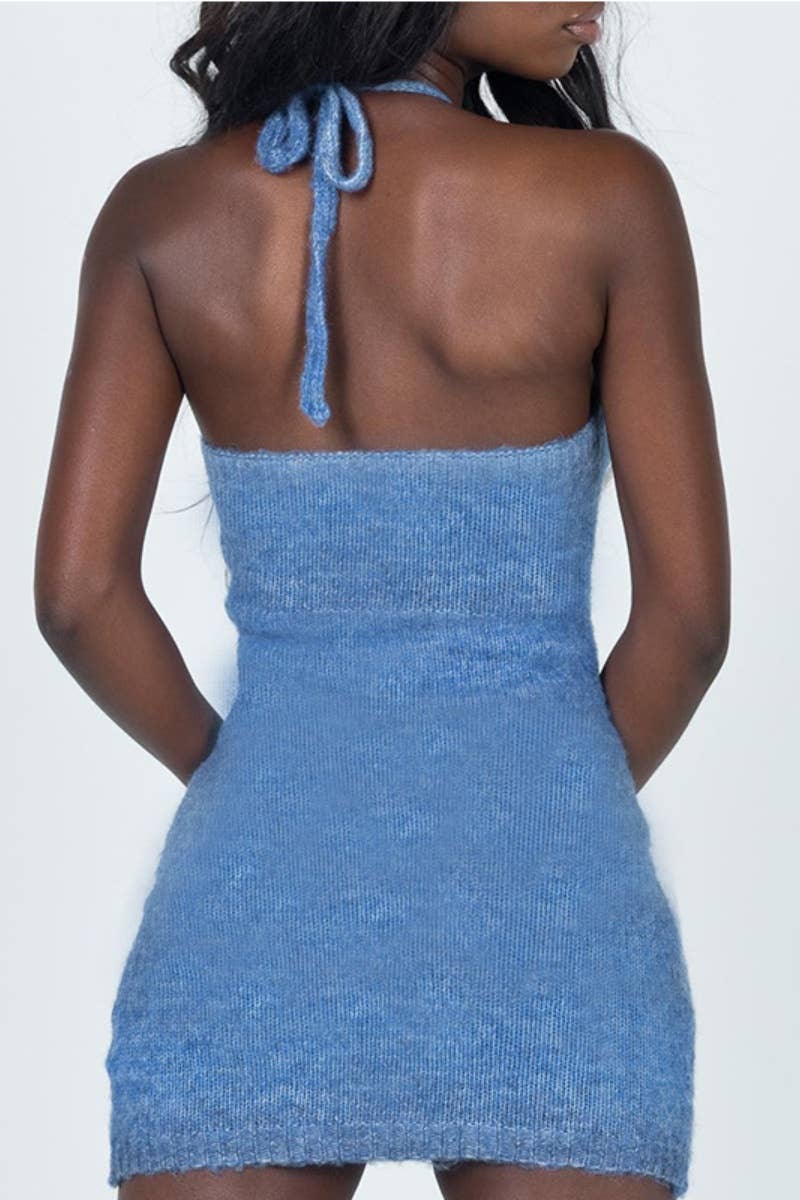CWDSD3975_KNIT V-NECK SLEEVELESS HALTER SHORT DRESS
