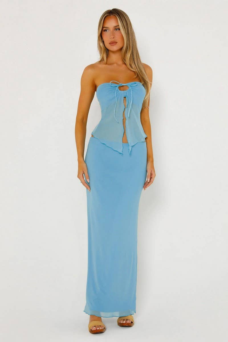 CWSTB1436_MESH DOUBLE-LAYER SLIT TUBE-TOP LONG SKIRT SUIT