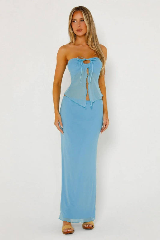 CWSTB1436_MESH DOUBLE-LAYER SLIT TUBE-TOP LONG SKIRT SUIT