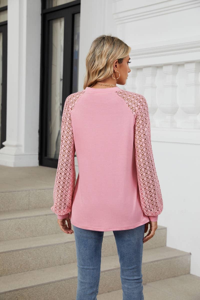 CWTBLL2860_CREW-NECK LACE PATCHWORK LONG-SLEEVED TOP