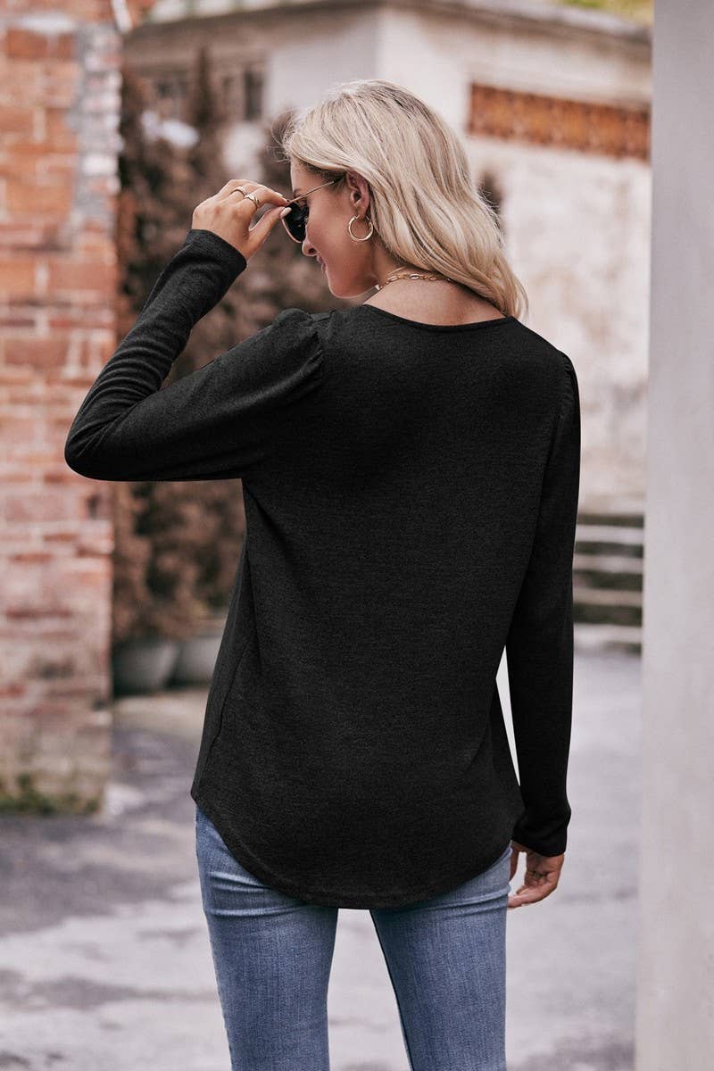 CWTBLL1836_PUFF SLEEVE SQUARE NECK PLEATED LONG SLEEVE TOP